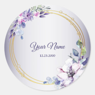 Watercolor Floral Geometric Golden Purple Wedding Classic Round Sticker