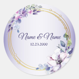 Watercolor Floral Geometric Golden Purple Wedding Classic Round Sticker