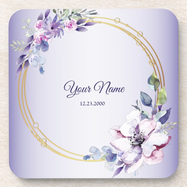 Watercolor Floral Geometric Golden Purple Wedding Coaster (Front)