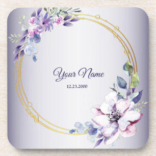 Watercolor Floral Geometric Golden Purple Wedding Coaster