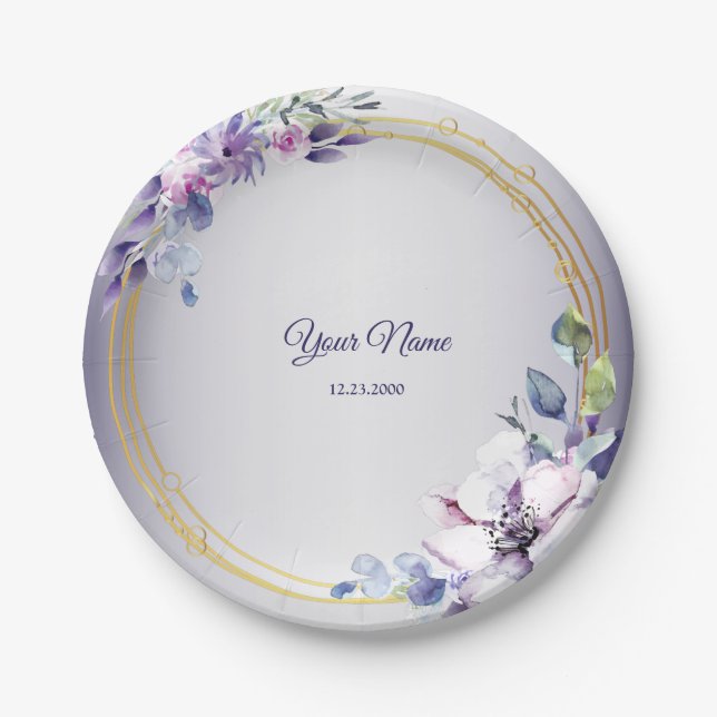 Watercolor Floral Geometric Golden Purple Wedding Paper Plate (Front)