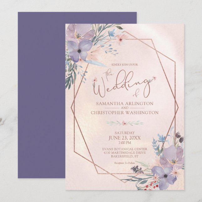 Watercolor Floral Geometric Purple Wedding Invitation (Front/Back)