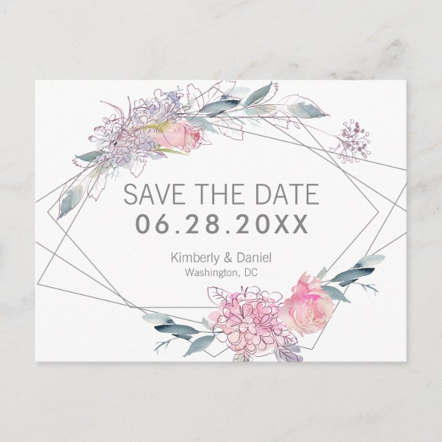 Watercolor Floral Geometric Save the Date Announcement Postcard (Front)