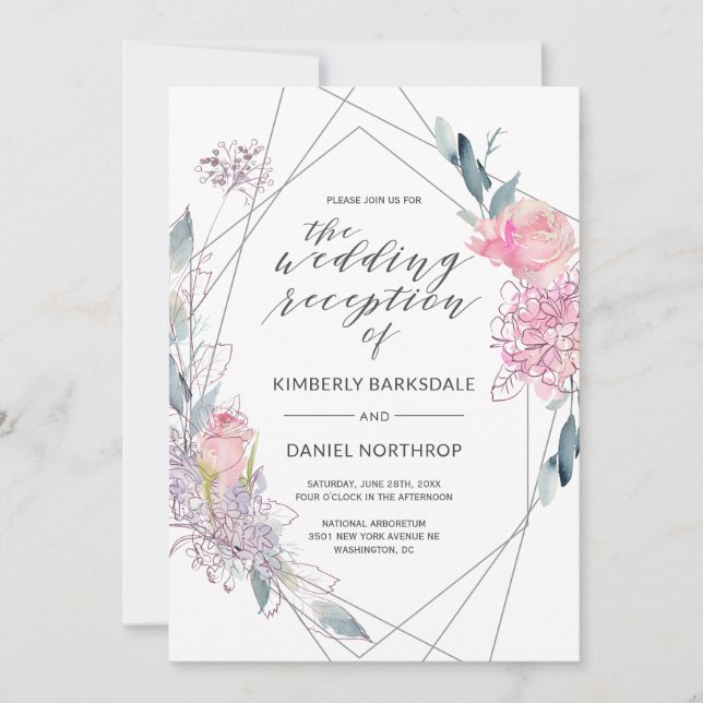 Watercolor Floral Geometric Wedding Reception Invitation (Front)