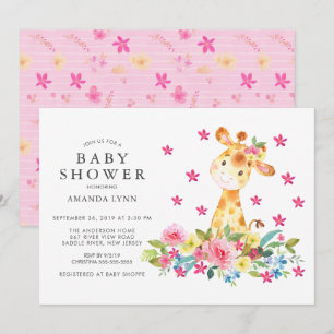 Watercolor Floral Giraffe Baby Girl Shower Invitation