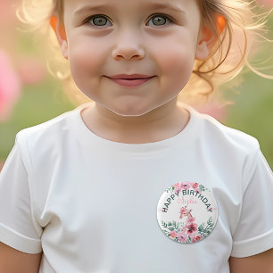 Watercolor Floral Giraffe Ribbon Girl Birthday 6 Cm Round Badge