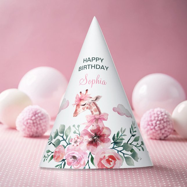 Watercolor Floral Giraffe Ribbon Girl Birthday  Party Hat (Creator Uploaded)