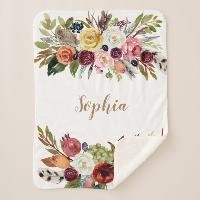 Watercolor Floral Girl Baby Name Blanket (Front)