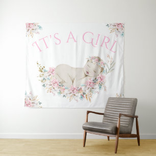 Watercolor Floral Girl Baby Shower Backdrop Banner Tapestry
