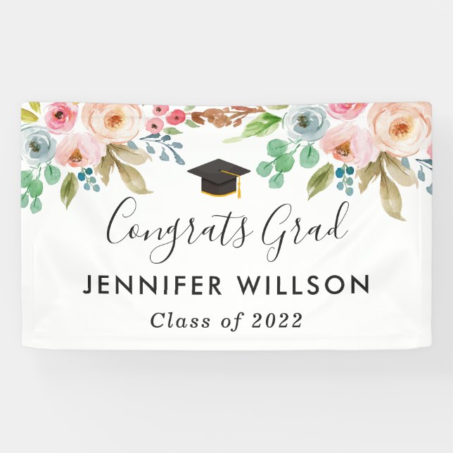 Watercolor Floral Girl Graduate Graduation Party Banner (Horizontal)