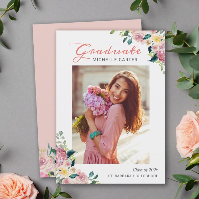 Watercolor Floral Girl Graduate Photo Graduation Announcement (Creator Uploaded)