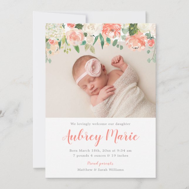 Watercolor Floral Girl Photo Birth Announcements (Front)