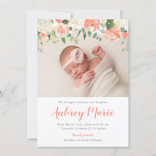Watercolor Floral Girl Photo Birth Announcements