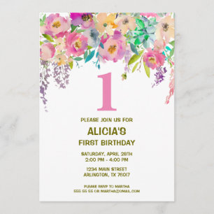 Watercolor floral girls 1st birthday invite
