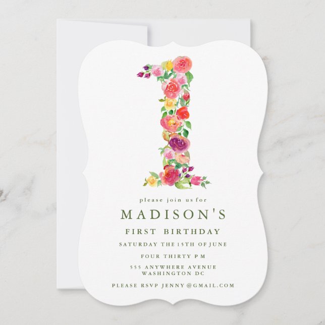 Watercolor Floral Girls 1st Birthday Invite (Front)