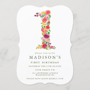 Watercolor Floral Girls 1st Birthday Invite