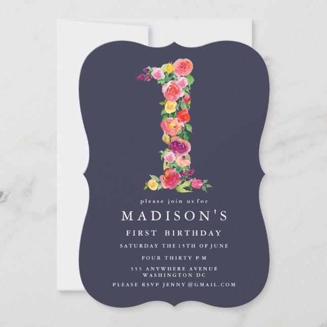 Watercolor Floral Girls 1st Birthday Invite (Front)