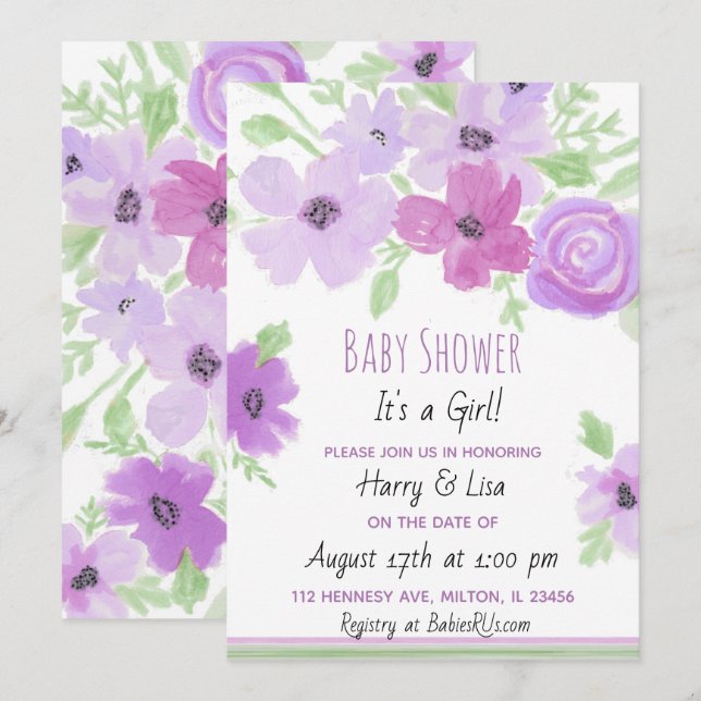 Watercolor Floral Girl's Baby Shower Invitation (Front/Back)