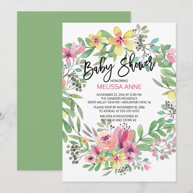 Watercolor Floral Girls Baby Shower Invitation (Front/Back)