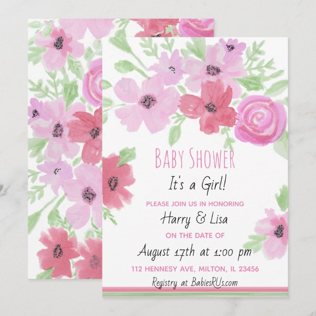 Watercolor Floral Girl's Baby Shower Invitation (Front/Back)