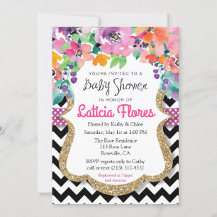 Watercolor Floral Glitter Baby Shower Invitation