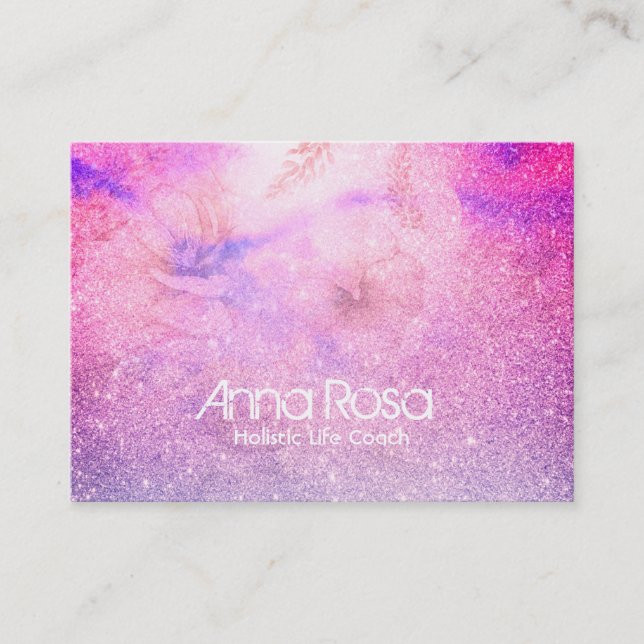 *~* Watercolor Floral Glitter Blue Pink Purple Business Card (Front)