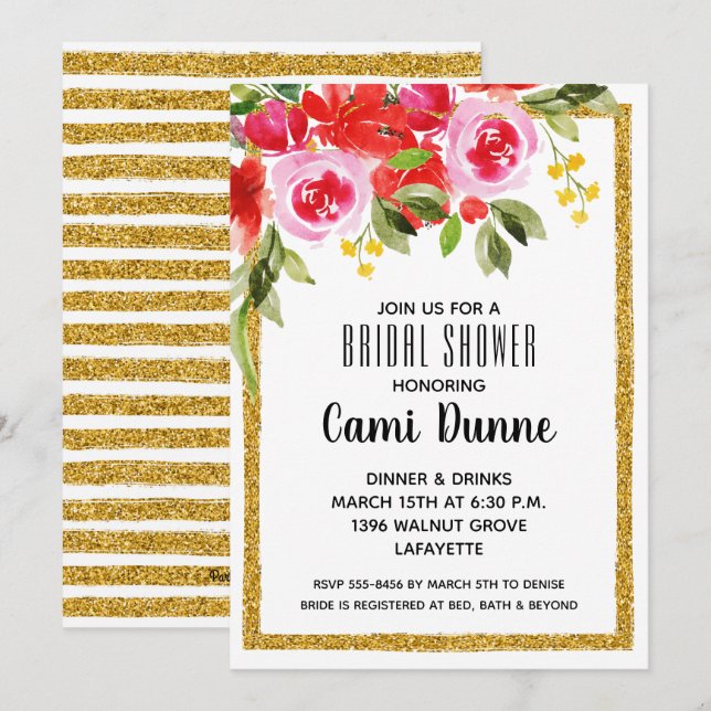 Watercolor Floral & Glitter Bridal Shower Invites (Front/Back)