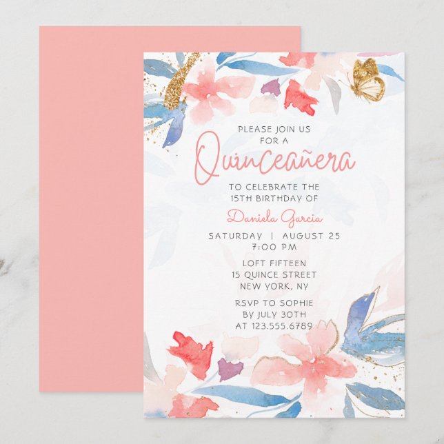 Watercolor Floral Glitter Butterfly Quinceañera Invitation (Front/Back)