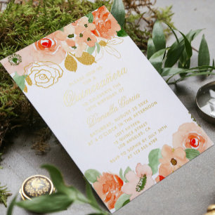Watercolor Floral Glitter Modern Quinceañera Gold 