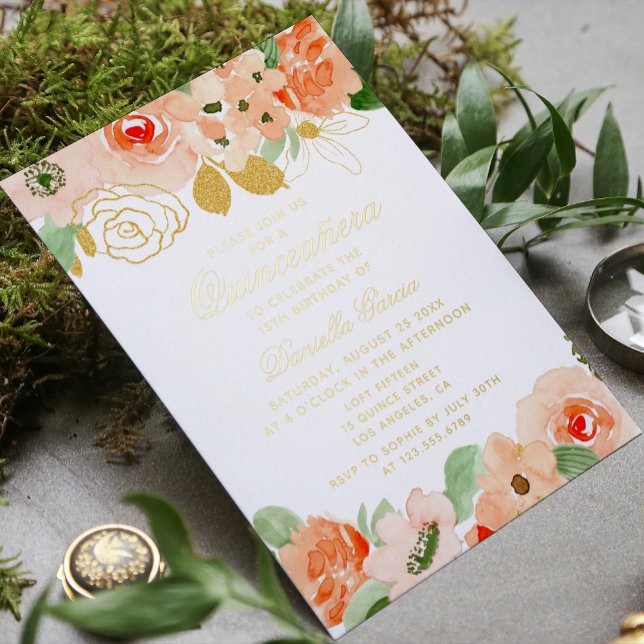 Watercolor Floral Glitter Modern Quinceañera Gold  (Creator Uploaded)