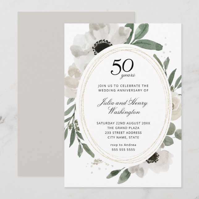 Watercolor Floral Gold 50th Wedding Anniversary Invitation (Front/Back)