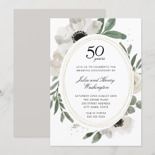 Watercolor Floral Gold 50th Wedding Anniversary Invitation