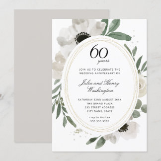 Watercolor Floral Gold 60th Wedding Anniversary Invitation
