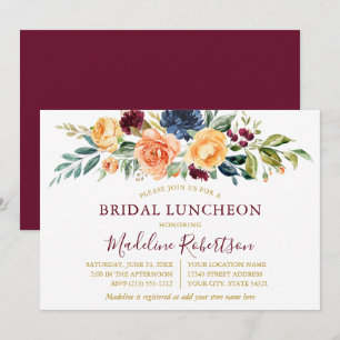 Watercolor Floral Gold Bridal Luncheon Burgundy Invitation