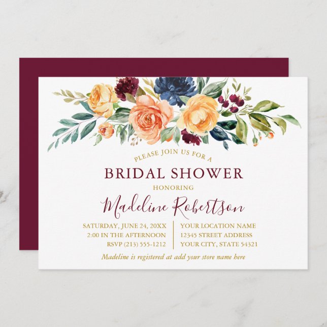 Watercolor Floral Gold Bridal Shower Burgundy Invitation (Front/Back)