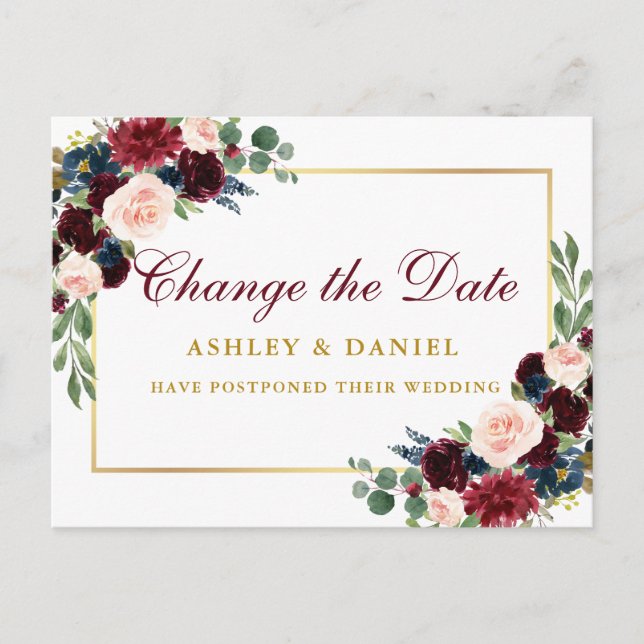 Watercolor Floral Gold Change The Date Postcard (Front)