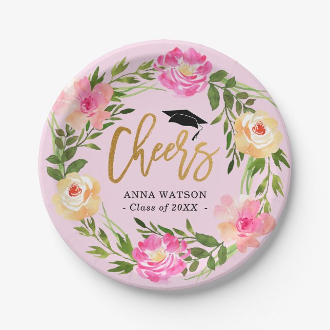 Watercolor Floral Gold Cheers Custom Graduation Paper Plate (Front)