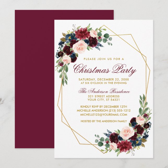 Watercolor Floral Gold Christmas Party Invitation (Front/Back)