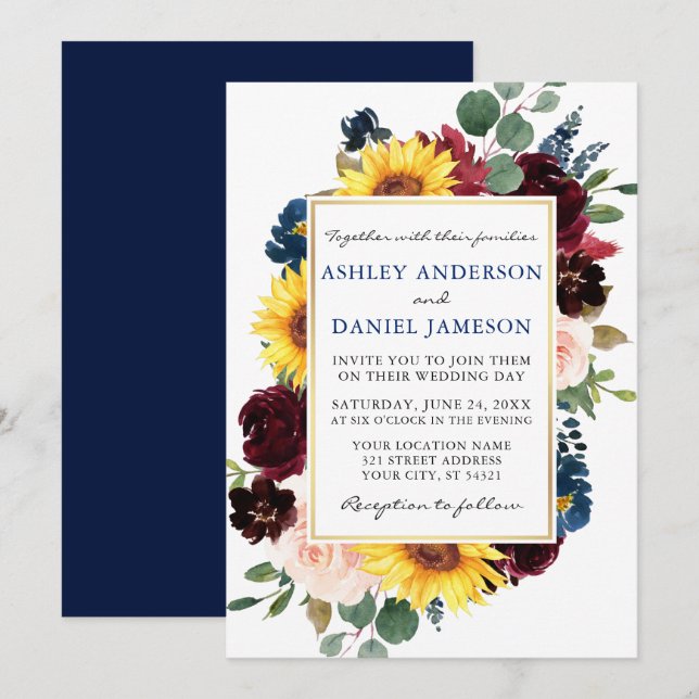Watercolor Floral Gold Frame Blue Wedding Invitation (Front/Back)