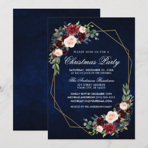 Watercolor Floral Gold Frame Christmas Party Blue Invitation