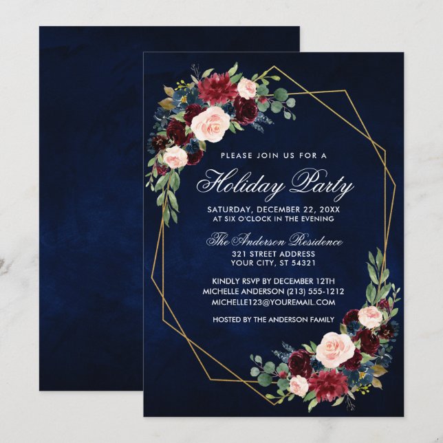 Watercolor Floral Gold Frame Holiday Party Blue Invitation (Front/Back)