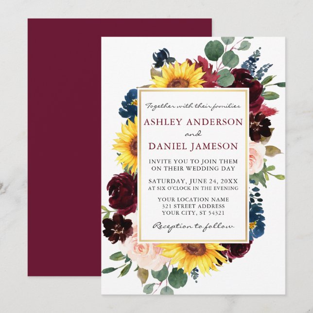 Watercolor Floral Gold Frame Wedding Burgundy Invitation (Front/Back)