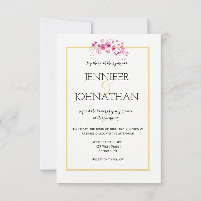 Watercolor floral gold frame wedding invitations (Front)