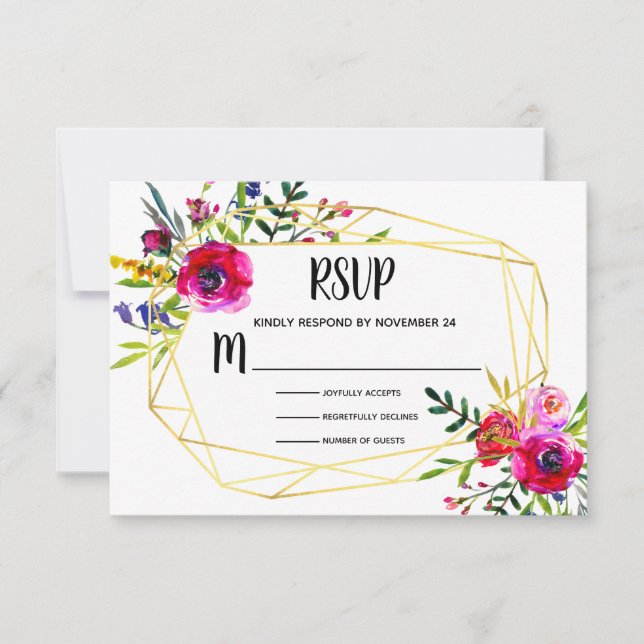 Watercolor Floral Gold Geometric RSVP (Front)