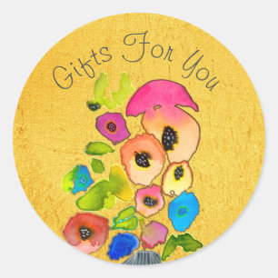 Watercolor floral gold Gift business branding Classic Round Sticker