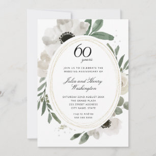 Watercolor Floral Gold Glitter 60th Anniversary Invitation
