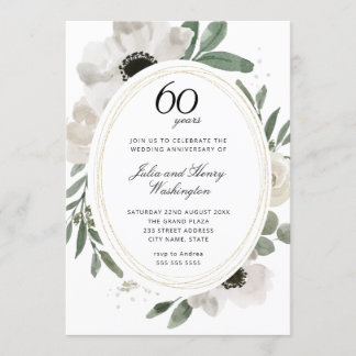 Watercolor Floral Gold Glitter 60th Anniversary Invitation