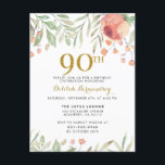 Watercolor Floral Gold Glitter 90th Birthday Party Invitation Postcard<br><div class="desc">This elegant watercolor floral painting design is perfect for that special person turning 90! A delicate design with soft pastel colours and gold glitter "90th",  modern typography and watercolor rose paintings. Turning 90 is a huge deal,  make sure your invitation does it justice!</div>