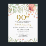 Watercolor Floral Gold Glitter 90th Birthday Party Invitation Postcard<br><div class="desc">This elegant watercolor floral painting design is perfect for that special person turning 90! A delicate design with soft pastel colours and gold glitter "90th",  modern typography and watercolor rose paintings. Turning 90 is a huge deal,  make sure your invitation does it justice!</div>