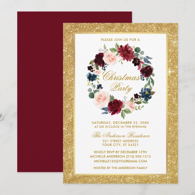 Watercolor Floral Gold Glitter Christmas Party Invitation (Front/Back)